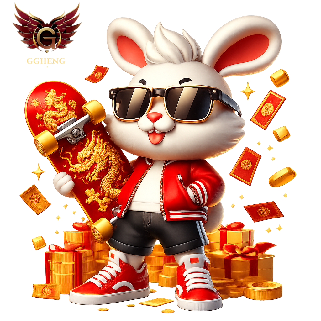 ดีไซน์ที่ยังไม่ได้ตั้งชื่อ - 2026-01-25T133817.499 กระต่ายมาสคอต ggheng ใส่แว่นกันแดด ถือสเก็ตบอร์ดสีแดง ล้อมด้วยเหรียญทอง เว็บสล็อตแตกง่าย ฝากถอนออโต้